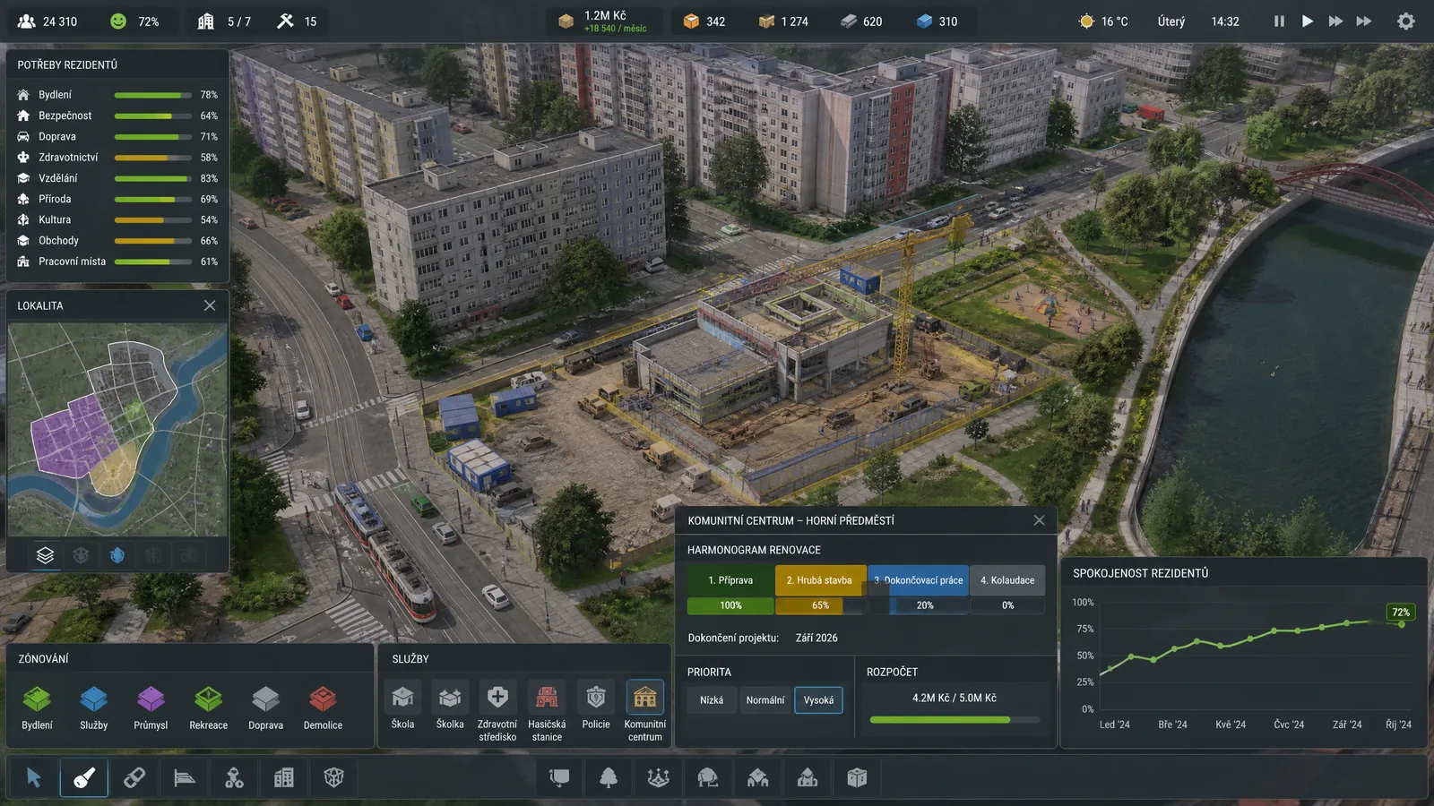 Městský strategický gameplay na českém sídlišti s tramvajemi, stavbou komunitního centra a plánovacím HUD.