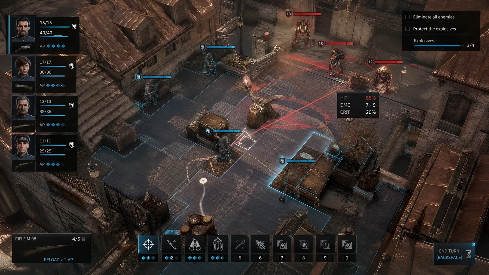 Taktické RPG gameplay se čtyřmi jednotkami, měděnými střechami, robotickými strážemi, gridem a body akcí.