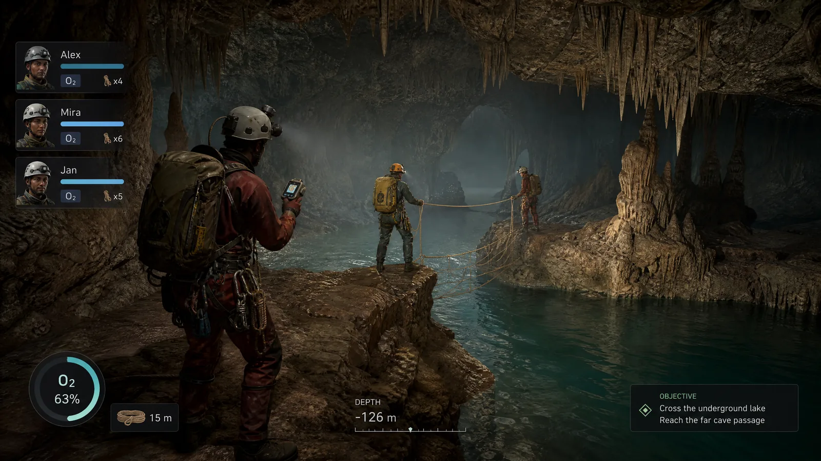 Kooperativní průzkumný gameplay tří jeskyňářů s lanovým mostem, skenerem, kyslíkem a společným cílem.